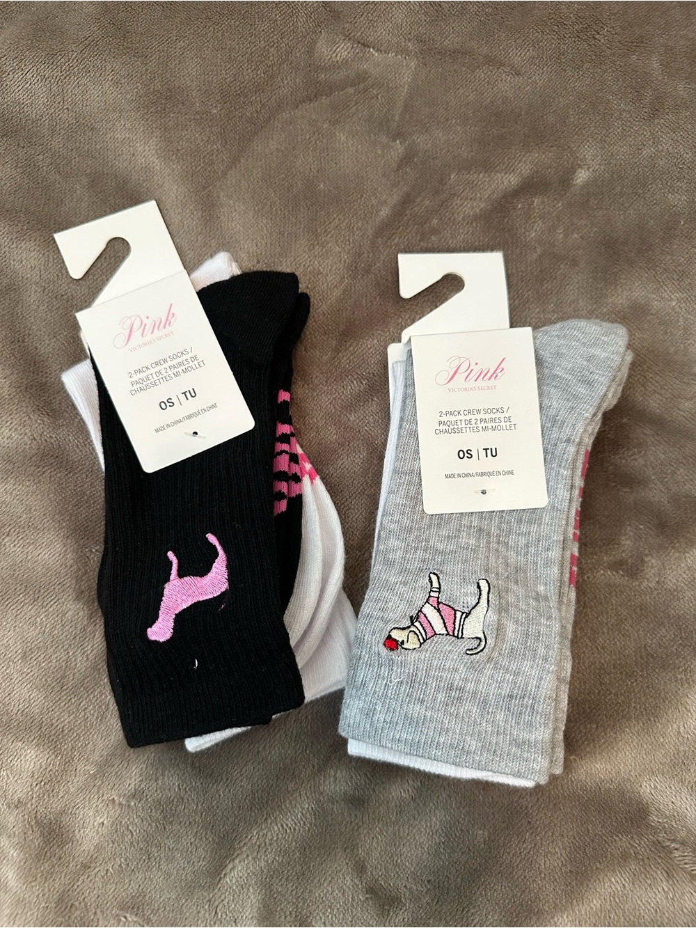 PINK Victoria's Secret White, Black & Pink Logo Crew Socks - 2 Pair